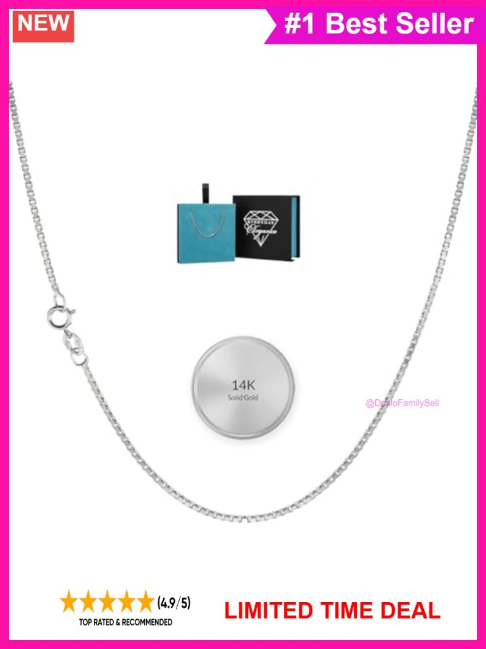 14K Solid White Gold Box Chain Necklace 18 Inch 0.6MM Spring Ring Clasp